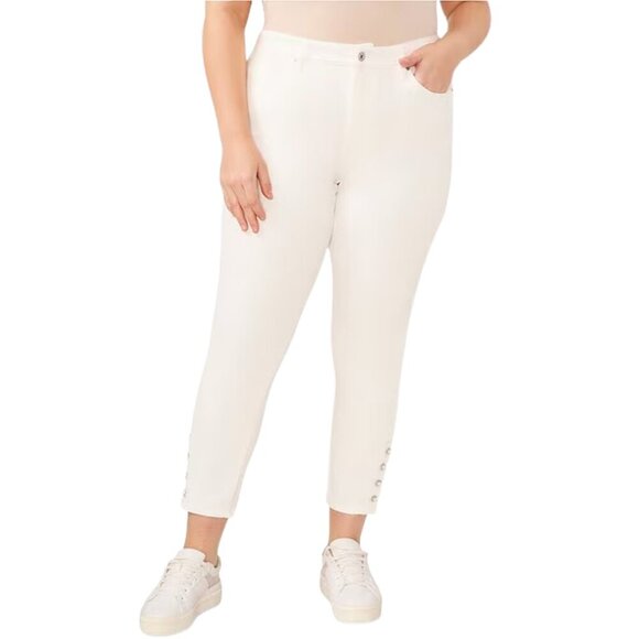 NWT CeCe High-Rise Denim Crystal Pearl Button Detail Skinny Jeans in Ultra White - Picture 1 of 3